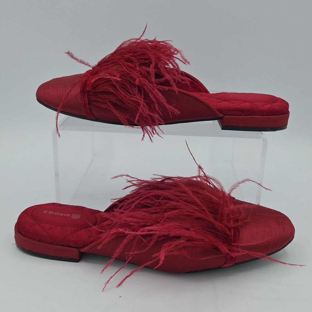 Birdies The Lovebird Feather Trim Mules Red Quilted Satin Slides Shoes Size 8